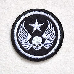 Computerized Embroidery Cloth Iron on/Sew on Patches, Costume Accessories, Appliques, Flat Round with Skull & Wings & Star, Black, 55mm(DIY-O003-20)