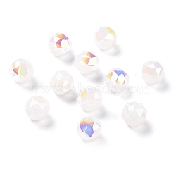 Electroplate Opaque Glass Beads, Rainbow Plated, Faceted, Round, Floral White, 10x9.5mm, Hole: 1.4mm(EGLA-B003-02A-01)