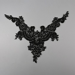 Hand Sewing Flower Pattern Rhinestone Costume Appliques, V Shape Beading Appliques, Jet, 350x360x6mm(PATC-WH0009-08B)