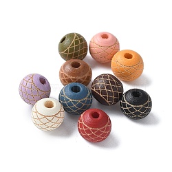 Wood Beads, Round with Mesh Pattern, Mixed Color, 10x9mm, Hole: 3mm(WOOD-M016-02A)