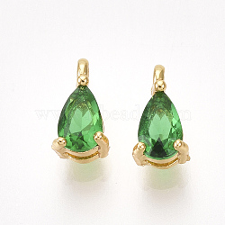 Brass Cubic Zirconia Charms, Nickel Free, Real 18K Gold Plated, teardrop, Green, 7x4x3mm, Hole: 1mm(KK-T038-367G-02)