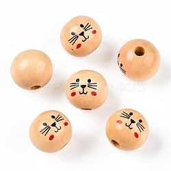 Natural Wood European Beads, Waxed and Printed, Undyed, Large Hole Beads, Round, Cat Pattern, Navajo White, 19~20mm, Hole: 5mm, about 195pcs/500g(WOOD-S055-16A)