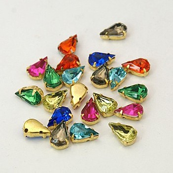 Sew on Rhinestone, Multi-strand Links, Multi-strand Links, Acrylic Rhinestone, with Brass Prong Settings, Garments Accessories, teardrop, Mixed Color, Golden Metal Color, 10x6x5mm, Hole: 1mm