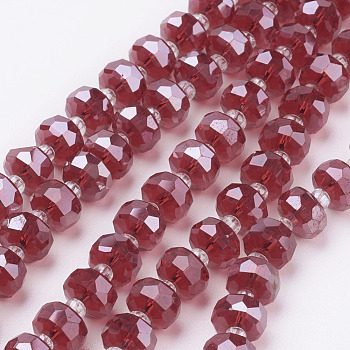 Electroplate Glass Beads Strands, Pearl Luster Plated, Faceted, Flat Round, Red, 7.5~8mm, Hole: 1mm, about 50pcs/strand, 13.7 inch(35cm)