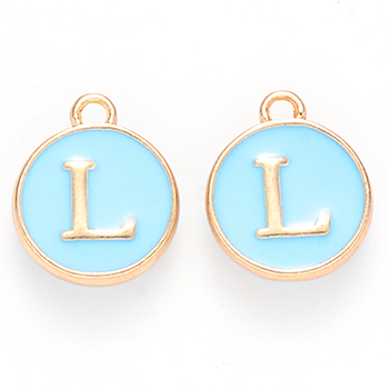 Golden Plated Alloy Enamel Charms, Cadmium Free & Lead Free, Enamelled Sequins, Flat Round with Letter, Sky Blue, Letter.L, 14x12x2mm, Hole: 1.5mm