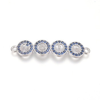 Brass Micro Pave Cubic Zirconia Links connectors, Flat Round with Word Love, Blue, Platinum, 7.5x34x3mm, Hole: 1.2mm