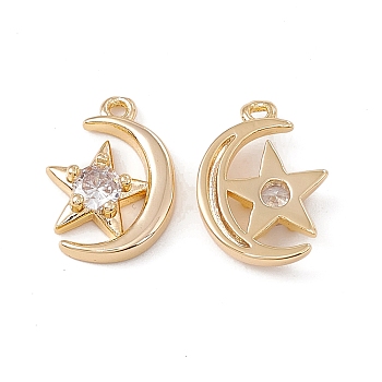 Brass Micro Pave Clear Cubic Zirconia Pendants, Moon with Star Charms, Real 18K Gold Plated, 15x11x3.5mm, Hole: 1.2mm