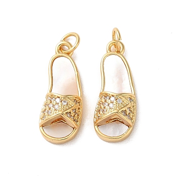 Brass Micro Pave Cubic Zirconia Pendants, with Shell,  Real 18K Gold Plated, Slipper, Clear, 21x8x6.5mm, Hole: 3mm