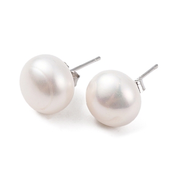 Natural Pearl Round Bead Stud Earrings, with Real Platinum Plated 925 Sterling Silver Findings, White, 18x10~11mm