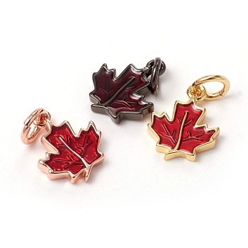 Autumn Theme Brass Charms, with Enamel and Jump Rings, Long-Lasting Plated, Maple Leaf, Red, Mixed Color, 11.5x9x2mm, Jump Ring: 5x0.7mm, Inner Diameter: 3.6mm