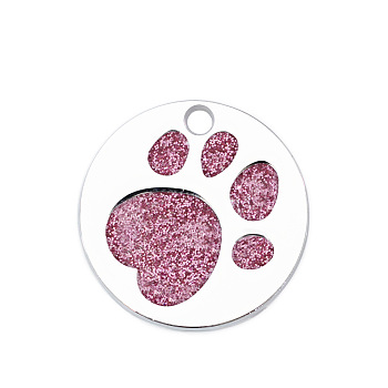 Enamel Pendants, with Platinum Plated Alloy Findings and Glitter Powder, Flat Round with Dog Paw Prints, Flamingo, 25x1.7mm, Hole: 2.6mm