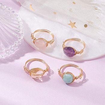 Oval Natural Amethyst & Amazonite & Rose Quartz & Citrine Finger Rings, Copper Wire Wrapped Rings, Real 18K Gold Plated, US Size 7 1/4(17.5mm), 4pcs/set