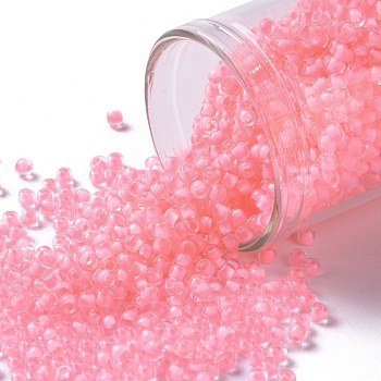 TOHO Round Seed Beads, Japanese Seed Beads, (968) Inside Color Crystal/Neon Misty Rose Lined, 11/0, 2.2mm, Hole: 0.8mm, about 5555pcs/50g