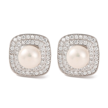 925 Sterling Silver Square Stud Earrings, with Natural Pearl & Clear Cubic Zirconia, Real Platinum Plated, 13x13mm