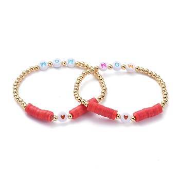 Mother's Day Gifts, Stretch Bracelets, with Polymer Clay Heishi Beads, Initial Acrylic Beads and Golden Plated Brass Beads, Word Mom, Red, Inner Diameter: 2-3/8 inch(6.2cm)