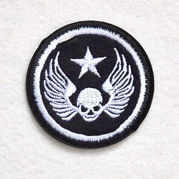 Computerized Embroidery Cloth Iron on/Sew on Patches, Costume Accessories, Appliques, Flat Round with Skull & Wings & Star, Black, 55mm