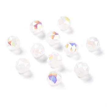 Electroplate Opaque Glass Beads, Rainbow Plated, Faceted, Round, Floral White, 10x9.5mm, Hole: 1.4mm