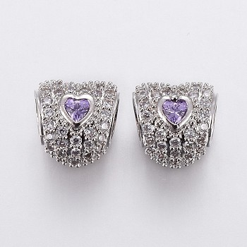 Brass Micro Pave Cubic Zirconia European Beads, Large Hole Beads, Heart, Platinum, Lilac & Clear, 10x10x7.5~8mm, Hole: 4.5~5mm