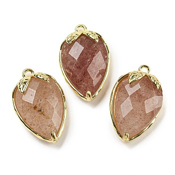 Natural Strawberry Quartz Faceted Pendants, Rack Plating Brass Strawberry Charms, Golden, 18x11x5~5.5mm, Hole: 1.2mm