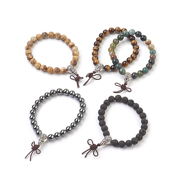 Natural/Synthetic Round Mixed Stone Stretch Bracelets, with Alloy Guru Bead Sets, Burlap Packing, Antique Silver, 2-1/8 inch(5.5cm), Bag: 12x8.5x3cm