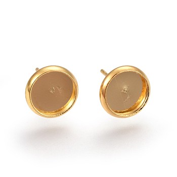 304 Stainless Steel Ear Stud Components, Real 18k Gold Plated, Tray: 8mm, 10x2mm, Pin: 0.7mm