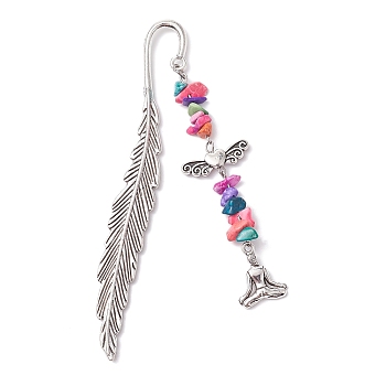 Tibetan Style Alloy Feather Bookmark, with Synthetic Turquoise Beads, Antique Silver, Yoga, 80x16x3mm