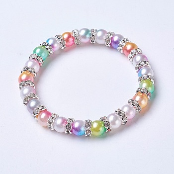 Acrylic Imitation Pearl Stretch Bracelets, with Brass Rhinestone Spacer Beads, Round, Colorful, 2-1/8 inch(5.4cm)
