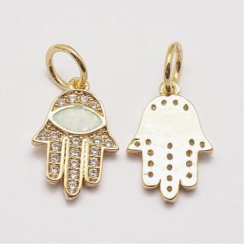 Brass Cubic Zirconia Charms, with Synthetic Opal, Hamsa Hand/Hand of Fatima/Hand of Miriam with Horse Eye, Real 18K Gold Plated, Cadmium Free & Lead Free, 15x10x2mm, Hole: 4.5mm
