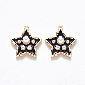 Brass Enamel Pendants, with ABS Plastic Imitation Pearl, Nickel Free, Star, Real 18K Gold Plated, Black, 15.5x14.5x4mm, Hole: 1mm