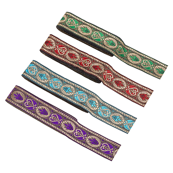 14M 4 Colors Ethnic Style Embroidery Polyester Ribbons, Floral & Leaf Pattern, Mixed Color, 1-1/8 inch(29mm), 3.5m/color