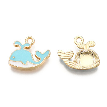 Alloy Charms, with Enamel, Whale, Light Gold, Sky Blue, 14x15x2mm, Hole: 1.8mm