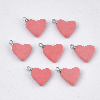 Handmade Porcelain Charms, Frosted, with Brass Findings, Heart, Platinum, Salmon, 11.5~12x14~15x3mm, Hole: 1.5mm
