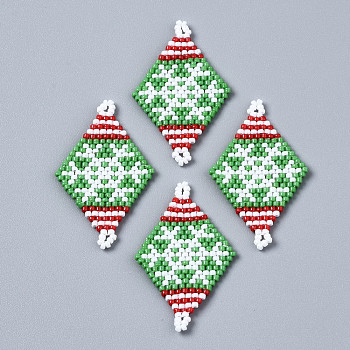 MIYUKI & TOHO Japanese Seed Beads, Handmade Links, Rhombus with Christmas Snowflake Loom Pattern, Medium Sea Green, 36x22.5x2mm, Hole: 1.5mm