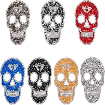 Skull Rhinestone Patches, Iron/Sew on Appliques, Costume Accessories, for Clothes, Bag Pants, Shoes, Cellphone Case, Mixed Color, 90x65x2mm, 7 colors, 1pc/color, 7pcs/set