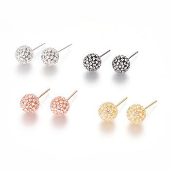 Brass Micro Pave Clear Cubic Zirconia Stud Earrings, Ball Stud Earrings, Mixed Color, 21x8.5mm, Pin: 0.9mm