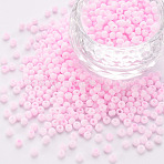 8/0 Opaque Glass Seed Beads, Round Hole, Frosted Colours, Round, Pearl Pink, 3~4x2~3mm, Hole: 0.8mm, about 333pcs/10g(X1-SEED-S048-N-005)