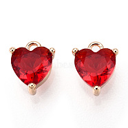 Valentine's Day Brass Charms, with Cubic Zirconia, Nickel Free, Heart, Real Gold Plated, Crimson, 7x5x3mm, Hole: 0.9mm(ZIRC-Q021-020G-NF)