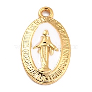Golden Alloy Enamel Pendants, Long-Lasting Plated, Our Lady of the Miraculous Medal, Oval, White, 21x12x1.5mm, Hole: 1.7mm(KK-P197-16B)