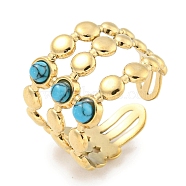 Ion Plating(IP) 304 Stainless Steel Synthetic Turquoise Cuff Rings, Round Wide Band Open Rings for Women Men, Real 18K Gold Plated, 15mm, Inner Diameter: Adjustable(G-Z056-05G-01)