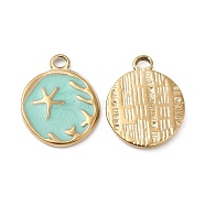 Vacuum Plating 201 Stainless Steel Enamel Pendants, Real 18K Gold Plated, Flat Round with Starfish Charm, Pale Turquoise, 19x15x2mm, Hole: 2.6mm(STAS-J401-VC945)