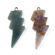 Natural Moss Agate Pendants, Lightning Bolt Charm, with Stainless Steel Color Tone 304 Stainless Steel Loops, 40~44.5x17~20x4.5~6mm, Hole: 2mm(G-N332-53-A09)