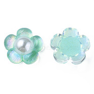 Translucent Epoxy Resin Cabochons, with ABS Plastic Imitation Pearl and Glitter Powder, Flower, Turquoise, 19x19.5x6.5mm(CRES-N034-30B)