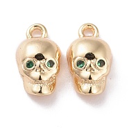 Brass Micro Pave Green Cubic Zirconia Charms, Cadmium Free & Lead Free, Skull, Real 14K Gold Plated, 10.5x5.5x3.5mm, Hole: 1mm(KK-G418-04G)