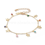 Brass Enamel Charm Bracelets, with Bar Link Chains and Lobster Claw Clasps, Flower & Butterfly, Golden, Colorful, 7-1/2 inch(19.2cm)(BJEW-JB05770)