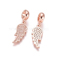 Brass Micro Pave Cubic Zirconia European Dangle Charms, Large Hole Pendants, Wing, Clear, Rose Gold, 28.5mm, Wing: 20x8x2mm, Hole: 5mm(ZIRC-E163-11RG)