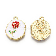 Rack Plating Alloy Enamel Pendants, Cadmium Free & Nickel Free & Lead Free, Light Gold, Oval Charm with Rose, White, 22.5x18x2mm, Hole: 1.6mm(PALLOY-T077-211B)