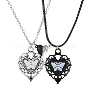 2Pcs 2 Style Heart with Butterfly Alloy Enamel Pendant Necklaces Set, Matching Couple Necklaces with Magnetic Clasps, Black and White, 19.69 inch(50cm), 1Pc/style(PW-WG25073-01)