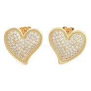 Brass Pave Cubic Zirconia Stud Earrings, Heart, Golden, 17x19mm(EJEW-U005-10G)