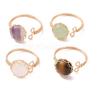 Natural Mixed Gemstone Half Round Open Cuff Rings, Light Gold Copper Wire Wrapped Jewelry, Mixed Color, Inner Diameter: 18~19mm(RJEW-JR00574)