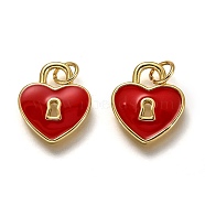 Brass Enamel Pendants, Long-Lasting Plated, Real 18K Gold Plated, with Jump Ring, Heart Lock, Red, 15x13x1.8mm, Hole: 3.3mm(KK-B026-18G)